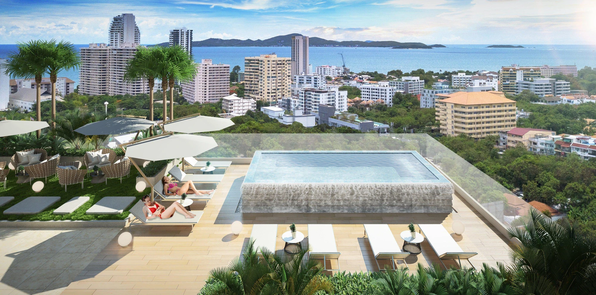 Новый жилой комплекс с бассейном на крыше и видом на море в Паттайе, Чонбури, Таиланд